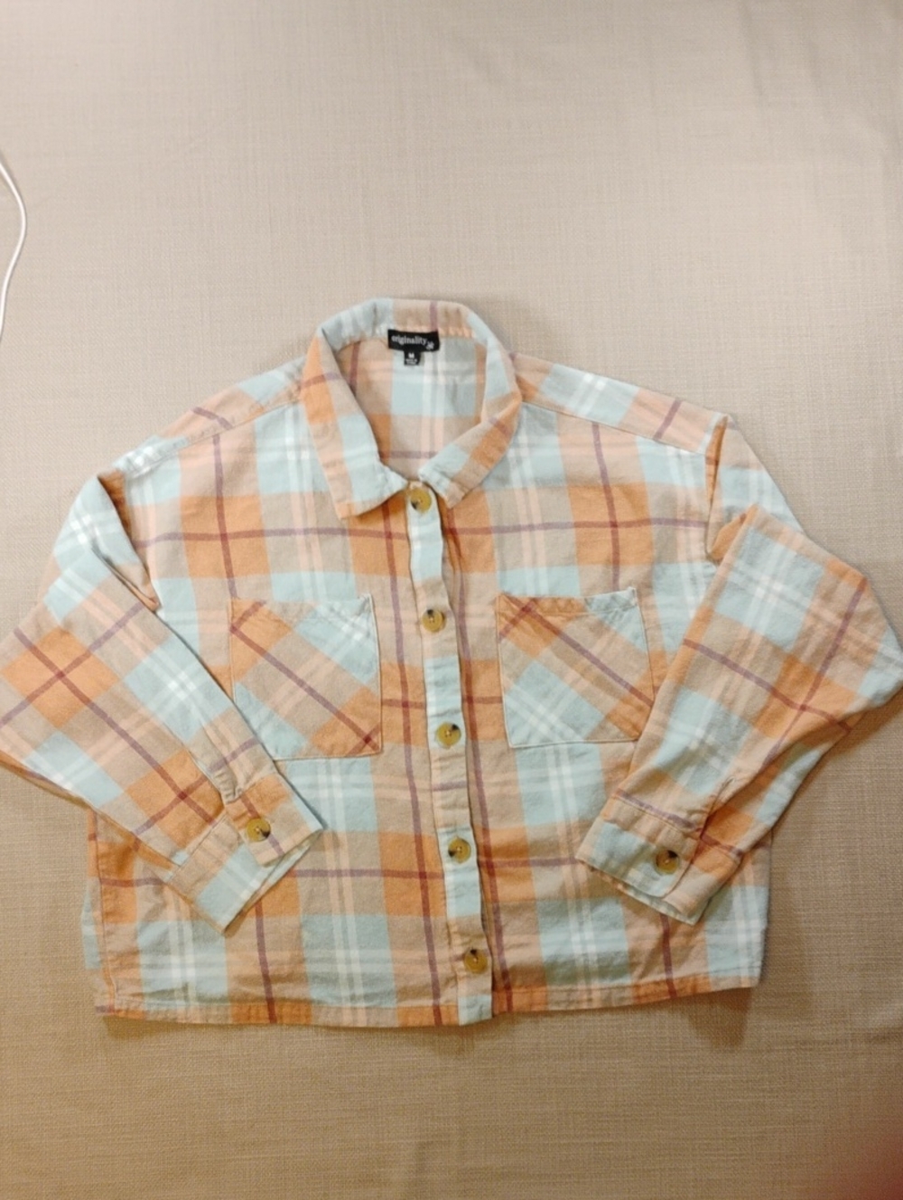 Relaxed Plaid Shirt Jacket in Peach & Mint